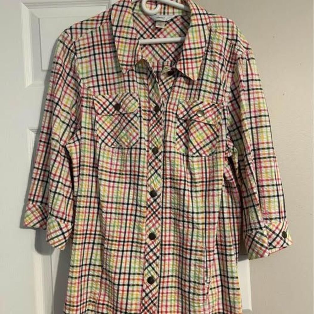 cj banks 2X Multi-Color Plaid Seersucker Button-Up Shirt